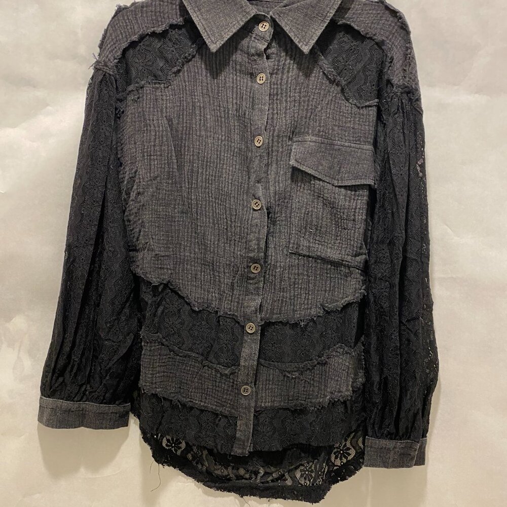 3598 Size Large POL Black Cotton Lace Button Down Top Long Sleeve Size Large NWT - Picture 3 of 6